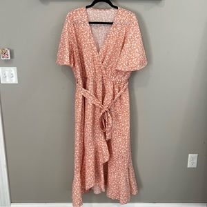 Shein 4XL Peach Floral Faux Wrap Midi Dress